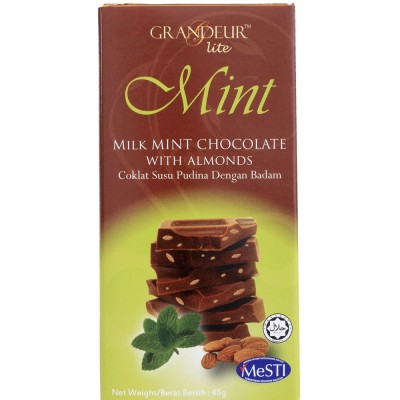 Grandeur Lite  Milk Mint Chocolate Bar with Almonds 45g